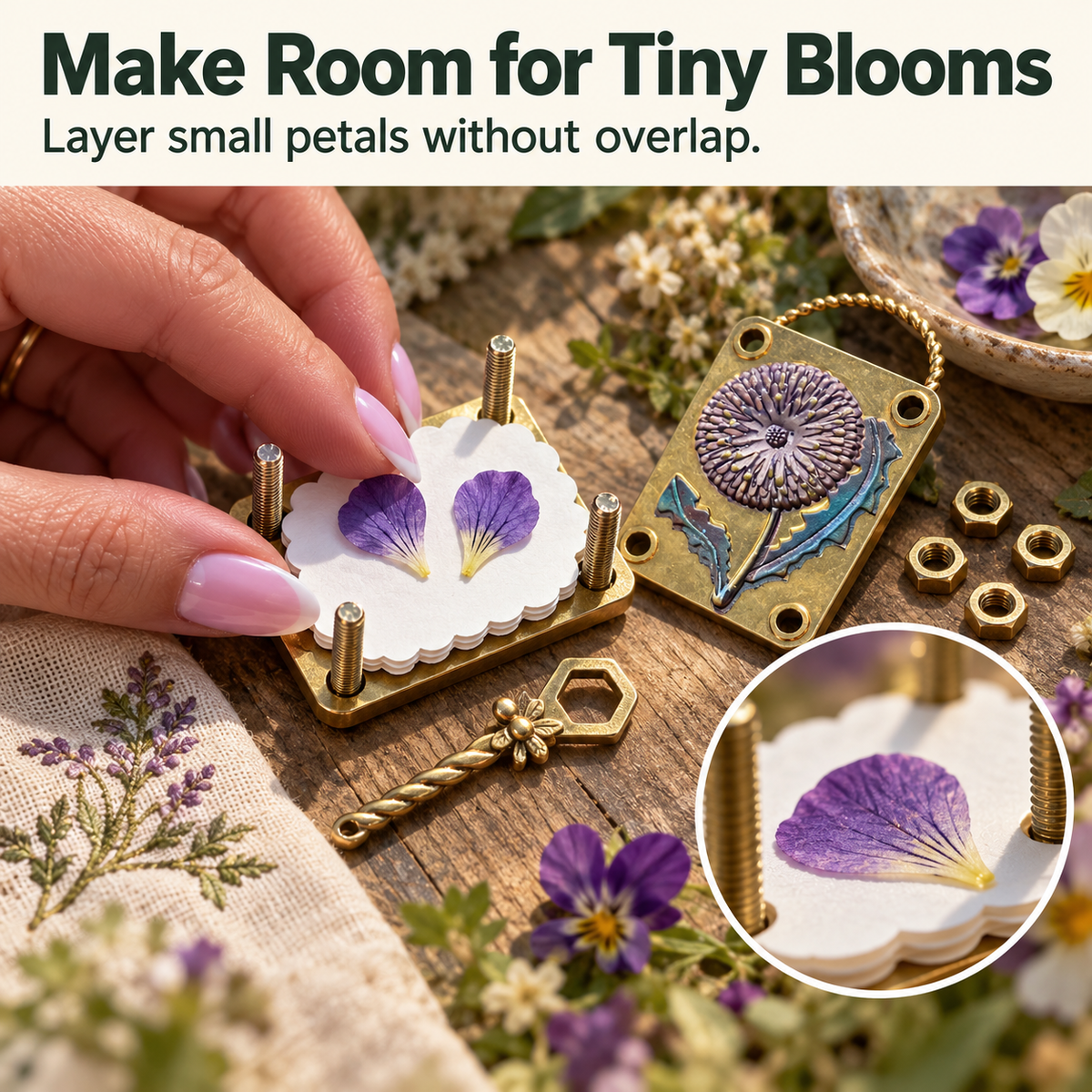 🌸 Mini presse à fleurs en laiton – Souvenirs botaniques à la taille de votre poche