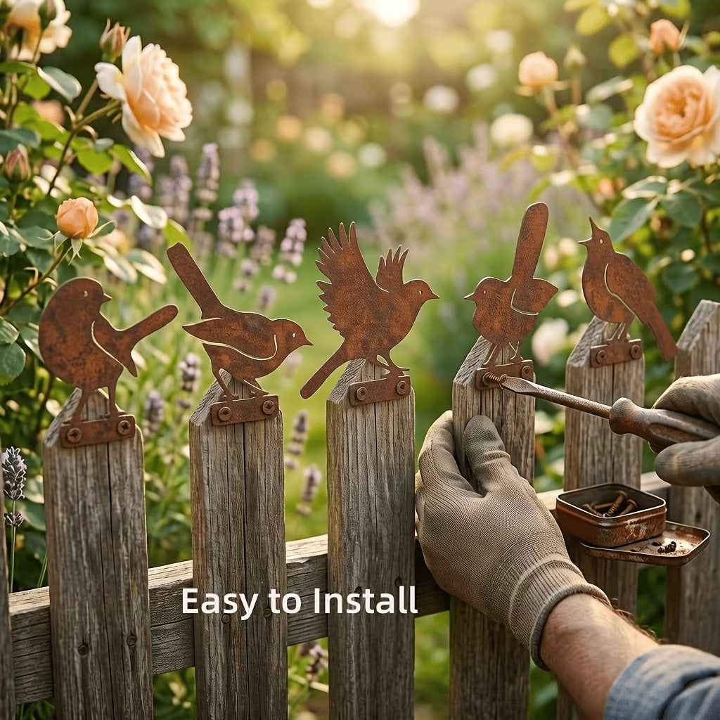 🐦 Lot de 5 silhouettes d’oiseaux réalistes en métal rouillé – Décoration de jardin