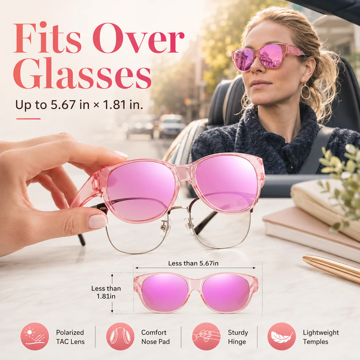 Lunettes de soleil polarisées à porter par-dessus des lunettes de vue pour femmes et hommes, tendance, carrées, enveloppantes, protection UV400, légères et durables